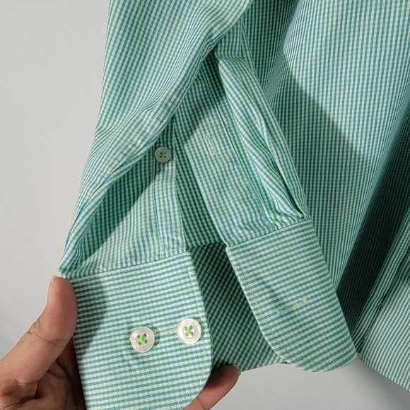 TATTERSALL London Men Button Down Shirt Sz 161/2 Green/White Stripe 100% Cotton - Picture 5 of 10